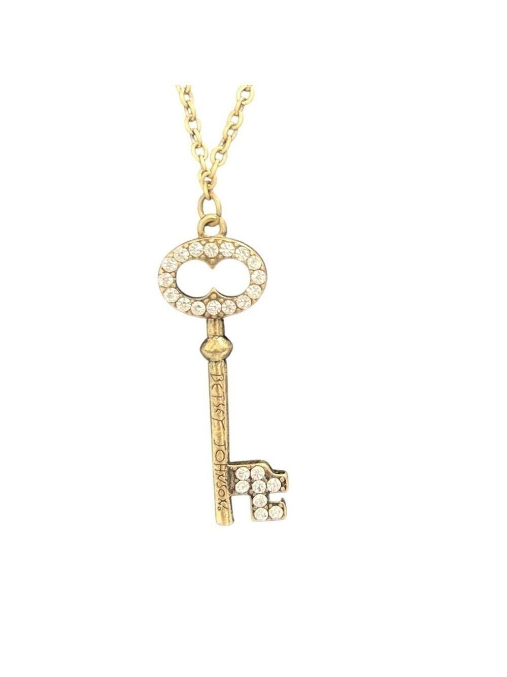 Betsy Johnson Clear Rhinestones Skeleton Key Long Pendant Necklace EC